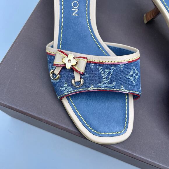 Louis Vuitton Blue Monogram Denim Kitten Heels Mules Slides Size EU 36 - Picture 3 of 11